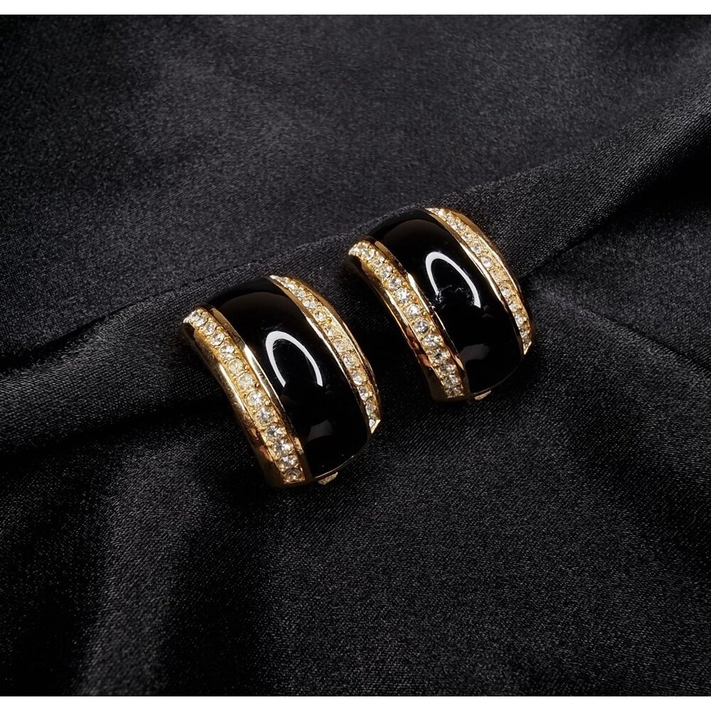 Vintage Christian Dior 1990s Black & Gold Clip-On Earrings With Rhinestone - Picture 4 of 7